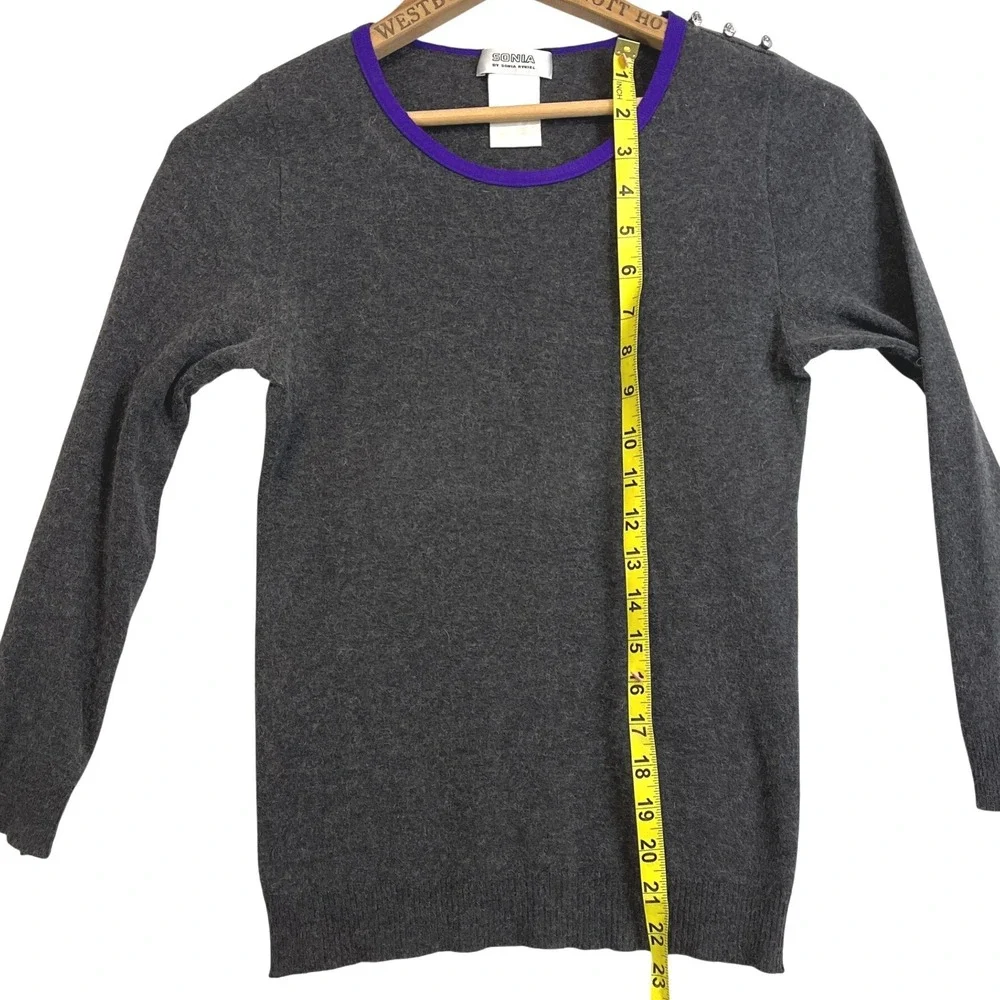 Sonia by Sonia Rykiel‎ Gray Angora Blend Sweater Purple Trim Button Shoulder S - Picture 8 of 9